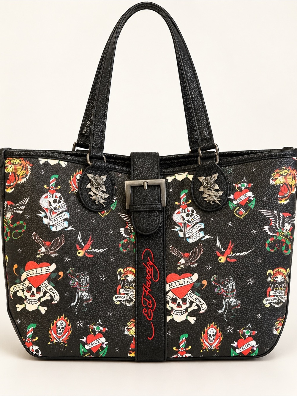 Ed Hardy Black Tattoo Motif Tote with Red Logo